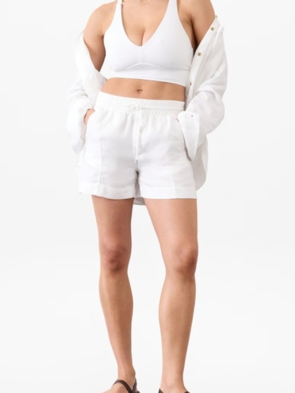 ATHLETA-Classic White 100% Linen Women's Drawstring Shorts 4 Pockets Sz Small